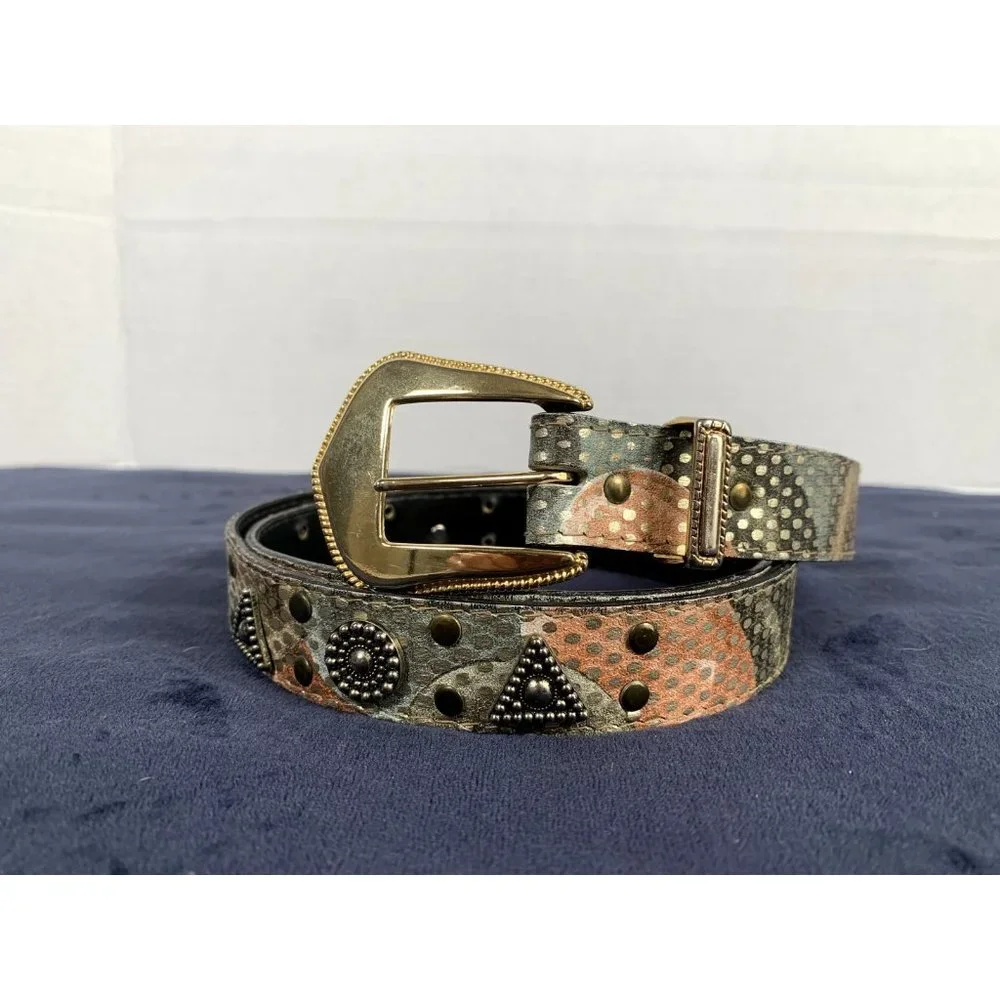 Vintage Elite Womens Belt Large Metallic‎ Medallion Gold Buckle Retro 80s 90s